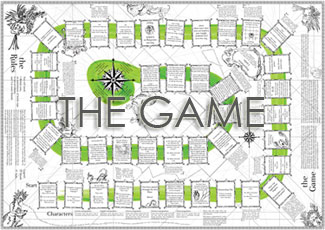 black white and green image of a game board with text and images of people and animals