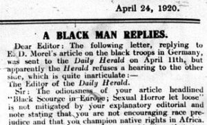 A photo of the letter to the editor that is discussed in the article. Shows the headline, "A Black Man Replies," and the date April 24, 1920, and a bit of text before being cut off. The font appears old-fashioned and a little faded.