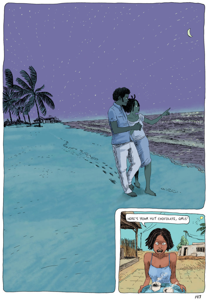 An image from the comic referenced in footnote 60 depicts a couple holding hands and walking on a night-time beach, with wind-blown palm trees and a building in the background. Stars and a crescent moon hang above them in a delphinium sky, and the beach is done in turquoise and cerulean. In an insert in the lower right corner, one of the beach walkers delivers drinks in the light of the next day.
