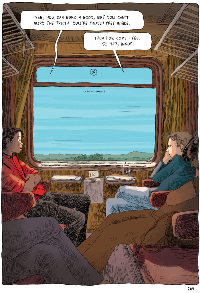 An image from the comic referenced in footnote 61 shows a large window of a train car looking out on a green countryside under a hot blue sky. Two people, seated on either side of the window, converse as they look out.