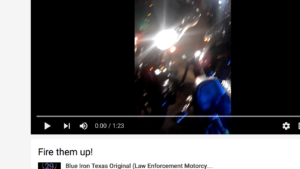 Fig. 5. Blue Iron Texas Original. Fire them up! source: “Fire Them up! - YouTube.” N.p., n.d. Web. 1 Sept. 2017. https://www.youtube.com/watch?v=YxyLFMw7Fx8. A screenshot of a youtube video depicts a blurry shot of motorcycles at night from the rider's perspective.