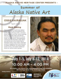 Figure 14: Poster for Summer of Native Art, 2014, Ossie Kairaiuak Artist Residency, 2014. Alaska Native Heritage Center, Anchorage, Alaska. The Alaska Native Heritage Center Museum, Anchorage, Alaska. © 2011. A professional headshot of an artist sits next to a description of their work in Mask Making; below, a colorful advertisement for more such events.