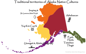Figure 2 Traditional territories of Alaska Native Cultures Map, The Alaska Native Heritage Center Museum, Anchorage, Alaska. © 2011. A colorful map of Alaska depicts five traditional territories: Inupiaq and St. Lawrence Island Yupik in orange to the north; Athabascan in red to the east; Eyak, Haida, Tsimshian, and Tlingit in green to the south-east; Unangax and Alutiiq (Sugpiaq) in purple to the south west; and Yup'ik and Cup'ik, in yellow to the west.