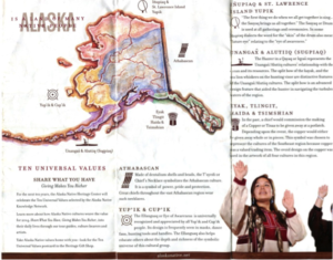 Figure 6: Interior of Alaska Native Heritage Center Visitors’ Guide. 2014. The Alaska Native Heritage Center Museum, Anchorage, Alaska. © 2011. A map of Alaska is accompanied by a description of the Ten Universal Values selected by the Alaska Native Knowledge Network.