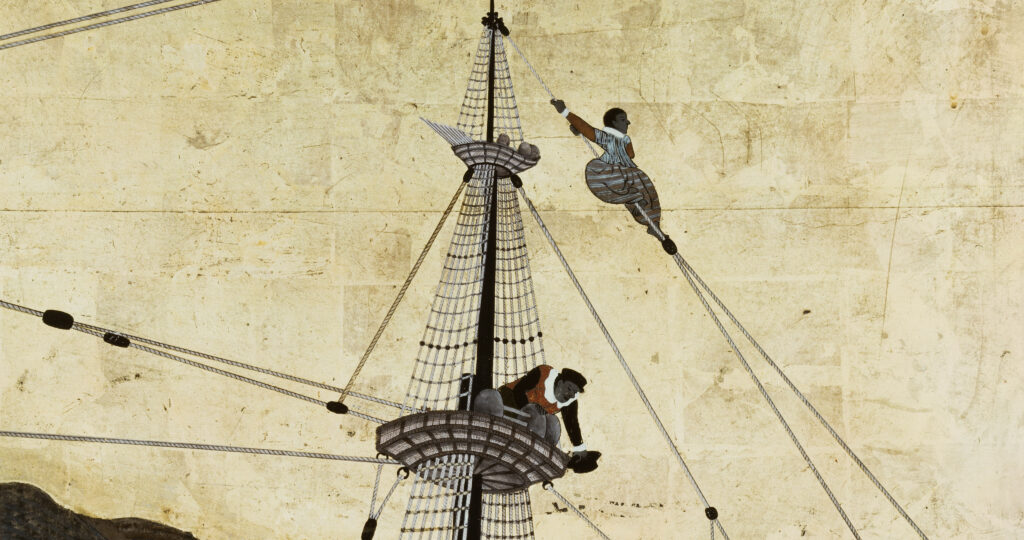 A close-up of a painting depicting two men, presumably of African descent, who are wearing fifteenth-century European clothes. The man on the right is holding onto the ropes connected to the mast, looking out toward the sea. The other man on the left is looking down from a platform at the upper end of the mast.