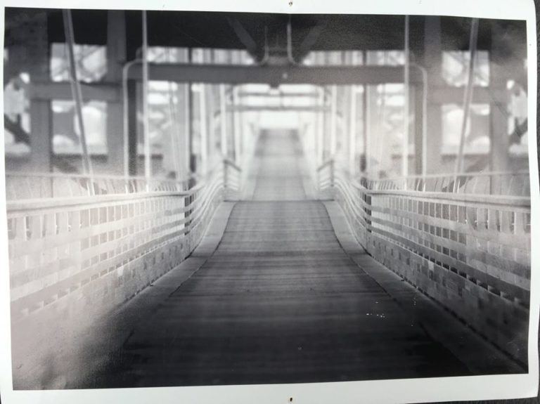 "Marsupial Bridge" by Isabel Denning. A black and white, misty photo of an industrial covered bridge or walkway extends before us into the distance