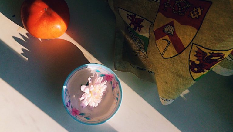 Photo of a bowl with a flower in water. A piece of fruit is alongside and burlap, screenprinted with a coat of arms.