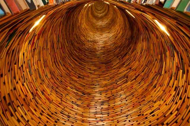 Photo of a tunnel formed by books