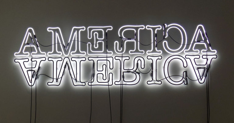 Photo of a neon sign that says 'America' with some letters backwards and a reflection of the letters underneath.