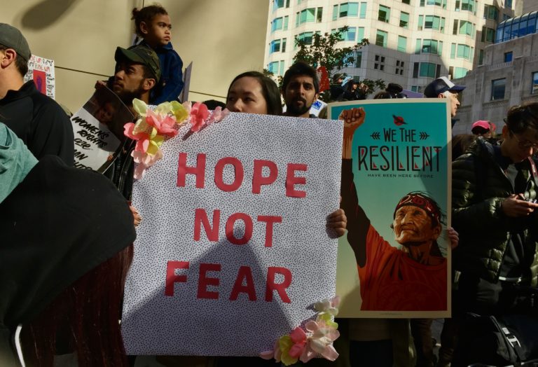 Photo of a protestor holding a sign that says "Hope not fear." Los Angeles Women’s March; downtown LA, January 21, 2017.