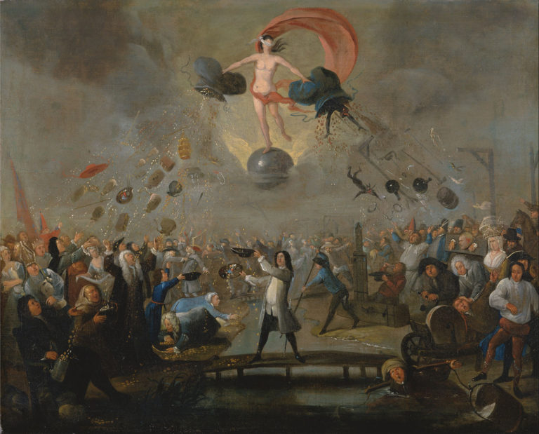 Balthazar Nebot, Allegory of Fortune, ca. 1730. The image depicts an unclothed woman, perched on a celestial orb emerging from a darkened sky and blindfolded like justice, sprinkling the contents of her two bags into the hands, mugs, and mouths of an eager crowd below. On the left she distributes riches, money, arts, and keys; on the right, demons, shackles, and gallows. Although all classes of people seem to be on both sides, a shallow river separates one side from the other. A gleeful painter crosses a narrow foot bridge to the "riches" side, capture falling coins in their cap.