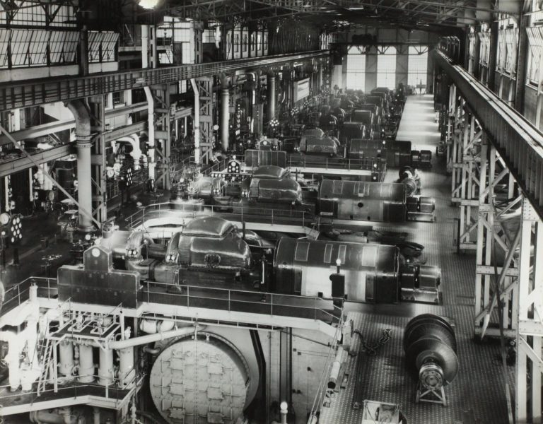 Black and white photo of power turbines