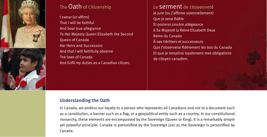 Figure 2: The oath of citizenship in English and French in the guide, and images of the queen and a young boy at the ceremony. 