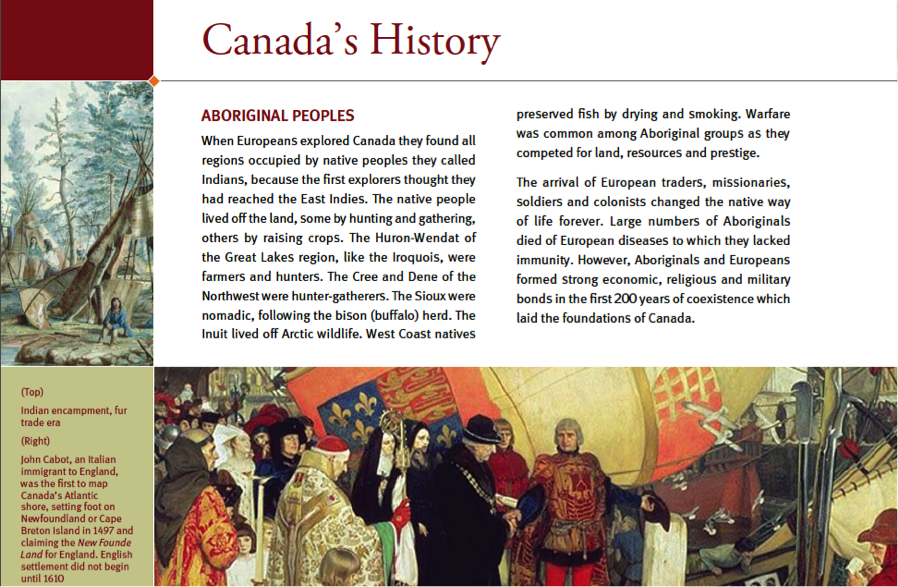 Figure 3: Canada's History page in the guide, showing a painting of an Indian encampment, with muted colours, and John Cabot being welcomed at Cape Breton in vibrant hues.