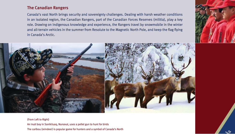 Figure 4: The bottom of the Nunavut page, showing Canadian Rangers lined in wearing red uniforms, a herd of caribou, and a young boy holding a rifle and wearing a cap with the queen's crown jewels drawn on it. 