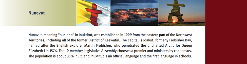 Figure 7: The top of the Nunavut page, showing the Inukshuk on the flag as well as a stone edifice, and a city in the distance. 