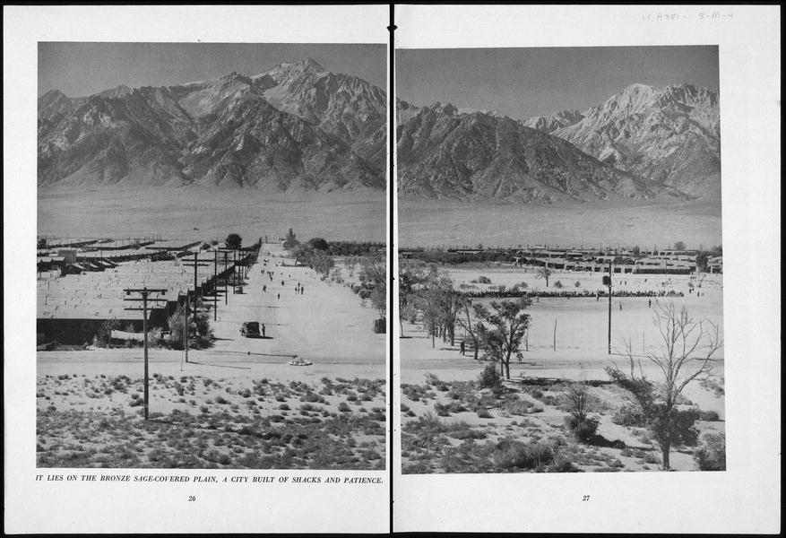 An overview of the main road of Manzanar Relocation Center with Mt. Williamson in the background.