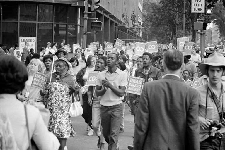 A black and white photograph of demonstrators participating in the Poor People's March in Washington, D.C. in June 1968
