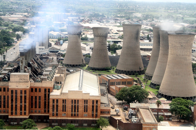 Aerial photo of the Zimbabwe Electricity Supply Authority (ZESA) power generation substation in Bulawayo which is located at the edge of the commercial city centre and the sprawling 'ghost' industries to the north west of the city centre.