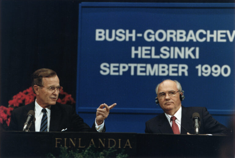 Former President of the United States George H. W. Bush and former President of the Soviet Union Mikhail Gorbachev hold a press conference at the Helsinki Summit on September 9, 1990.