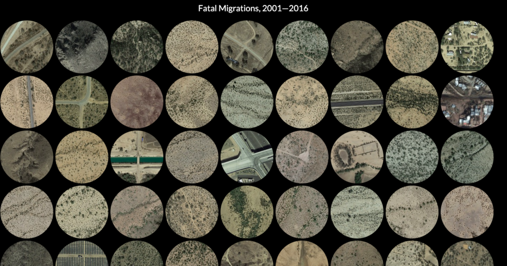 The image shows the opening page of "Fatal Migrations: Some of the Places People Died While Trying to Cross the Border." There are several rows of circles with satellite images of the earth.