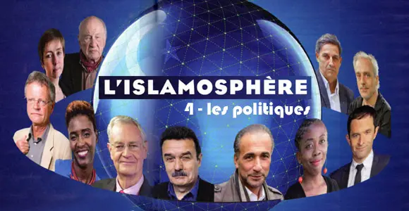 Photos of people in a ring surrounding a globe. The image says, "L'ISLAMOSPHÉRE."