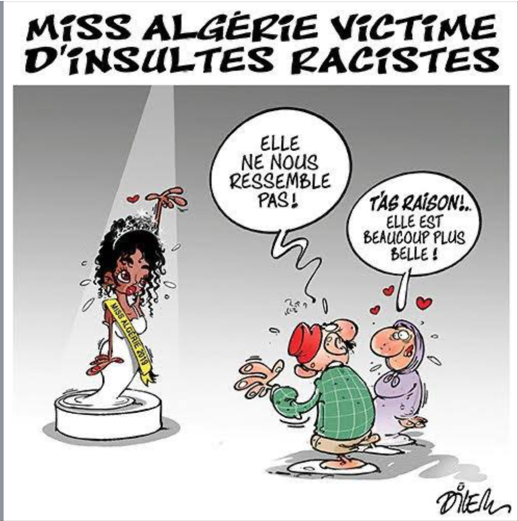 A cartoon by the Algerian artist Dilem. The title says “Miss Algeria victim of racist insults.” The man on the left remarks “she doesn’t look like us!” to which the women responds, “You’re right, she’s much more beautiful.”