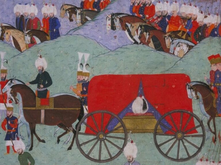 Painting of a funeral procession carrying Suleiyman in a horse and carriage while others follow behind on horseback.