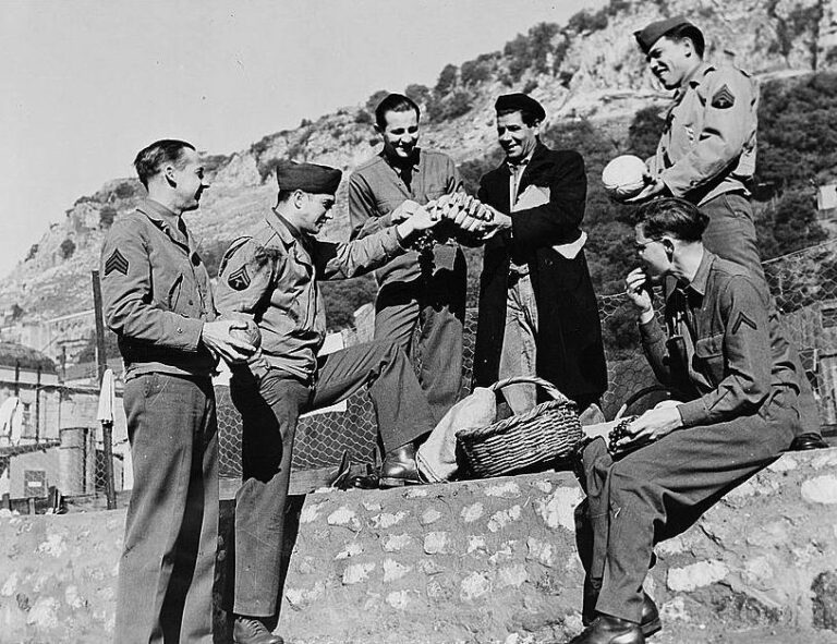 Five American soldiers talking with a fruit seller in North Africa, 1942.