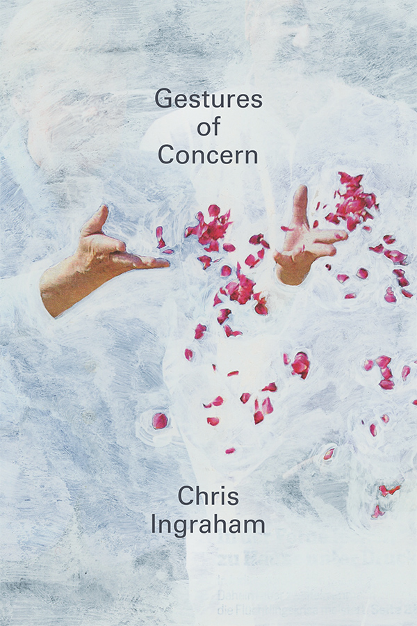 Book cover with illustration of two hands dropping flower petals against a cloudy background.