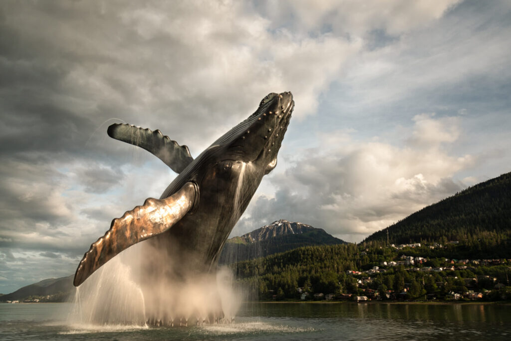 Color photo of a bronze humpback whale statue breaching an infinity pool overlooking Gastineau Channel in downtown Juneau, Alaska.
