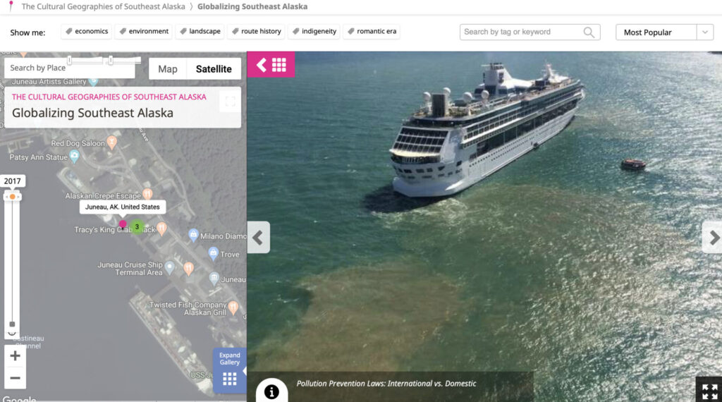 Screenshot juxtaposing information on the global violations of the cruise ship industry with a map of Juneau harbor in order to associate spaces and practices that are connected through non-representable temporal and environmental impacts of cruise ship pollution.