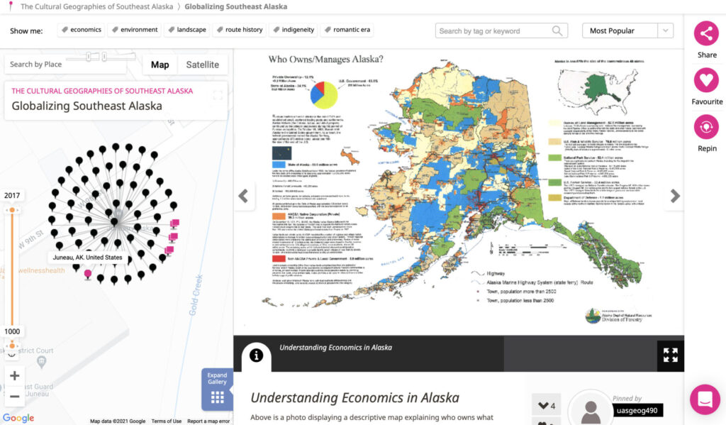 Screenshot of multiple pins at the State Federal Building in Juneau and pin addressing a student’s understanding of economics in Alaska.