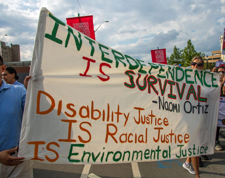 A white banner with green, red, orange, and black painted letters reads "Interdependence is survival. Naomi Ortiz. Disability Justice is Racial Justice is Environmental Justice." In the background is a cloudy sky and red banners that say "Fight for $15."