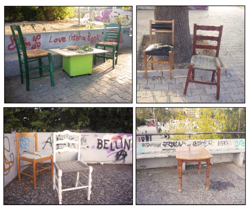 Four photographs of chairs and tables in different spots in the platanus area. In three of them the chairs and tables are in front of graffiti painted walls.