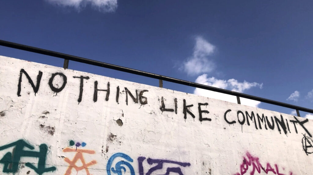 Photograph of a graffiti painted wall with a slogan in black paint, that reads: “Nothing like community” with the anarchist "Circle-A" symbol.