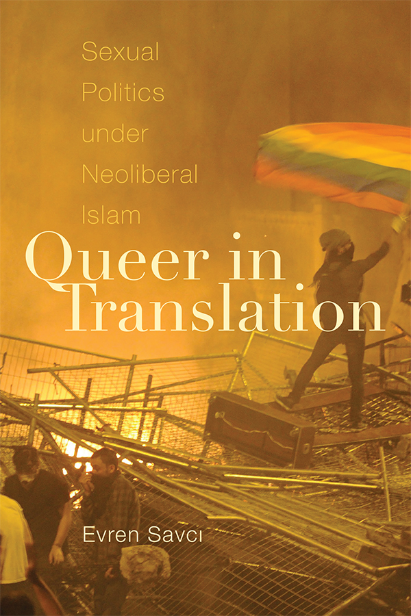 Book cover. A yellowed image of protesters amidst debris raising a rainbow flag