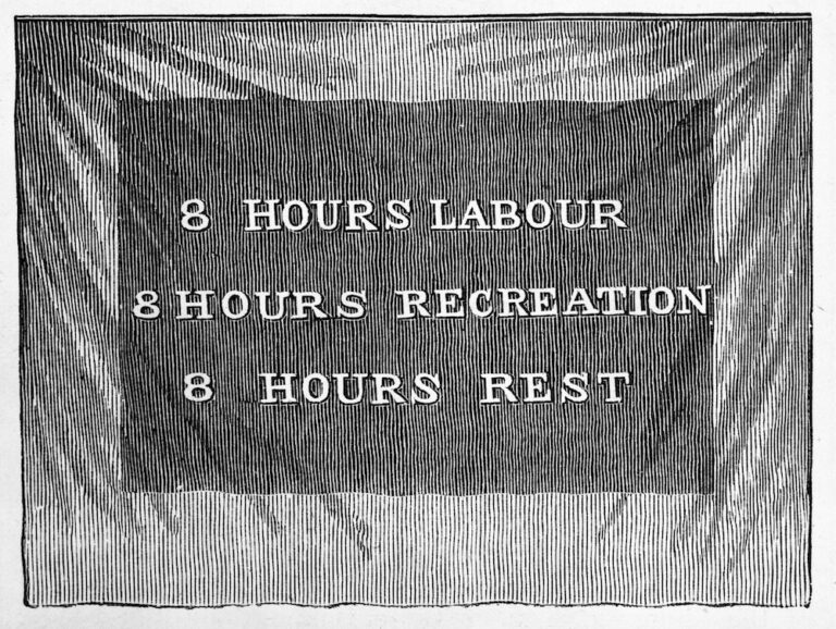 1873 wood engraving print of Australian Trade Union banner featuring Robert Owen’s 1817 slogan for a shorter working day: “8 Hours Labour, 8 Hours Recreation, 8 Hours Rest.” Original housed in the State Library Victoria.