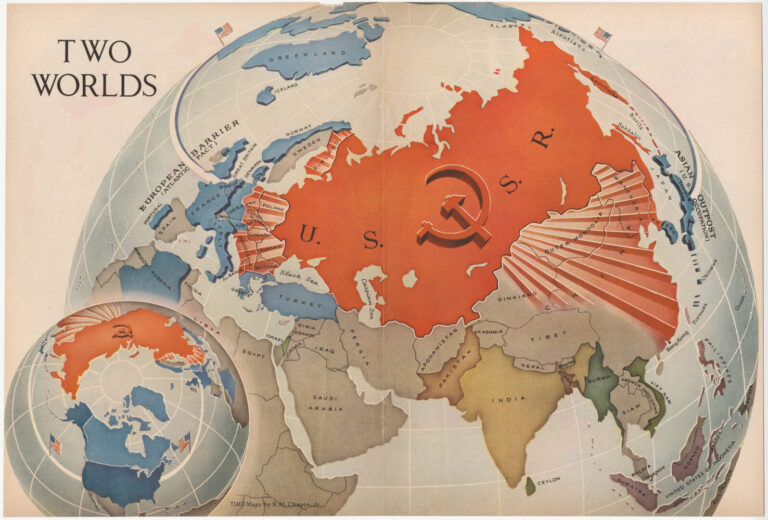 On this "Two Worlds" map, the dark red of the USSR fills the space, while the U.S. is barely visible over the horizon. The bold Soviet hammer and sickle emblem dominates the tiny American flag in the distance. And the accordion-pleated extensions of the USSR into Eastern Europe and Asia magnify the effect.