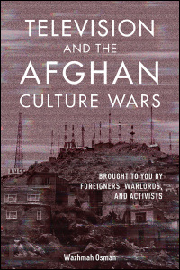 Cover of 'Television and the Afghan Culture Wars Brought to You by Foreigners, Warlords, and Activists' by Wazhmah Osman (University of Illinois Press). Photo of Asamayi Mountain Range in Kabul, which since 9/11 has been known as "Television Mountain" because of the communications towers on it. Background TV pattern superimposed on image.