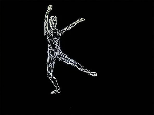 A broken-line drawing of a person; black background with white marks. One foot on the ground, the other leg and 2 arms are stretched upwards pointing towards the right.
