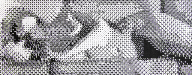 A pixelated screen print of a computer-generated image of a nude woman reclining on a couch.