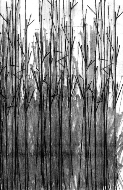 A monotone computer-generated abstract drawing of vertical tree-like lines