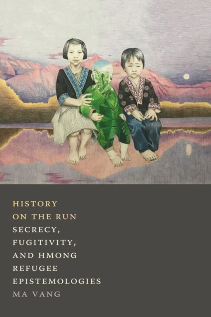 Book cover. Ink and colored pencil drawing of three children against a mountain landscape. The oldest holds a baby, the silhouette of which is cut out and replaced with leaves.