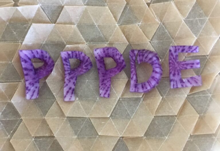 Letters made of purple daikon radish flesh form the acronym “PPPDE.” The background is composed of obsessively folded unbleached parchment baking paper.