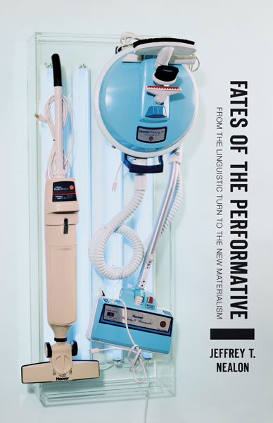 Book cover. Photo of two mid-twentieth century vacuums on display in a case.