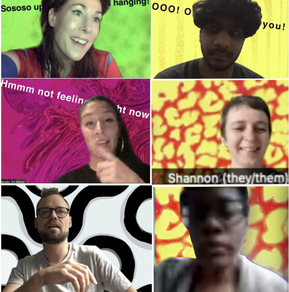 Six Zoom squares are stacked vertically in two rows. The Zoom squares alternate between different images of people using virtual “Participation Card” backgrounds during Remote Access events. The virtual backgrounds indicate whether they want to talk (green screen), talk if the person knows you (yellow screen), and do not want to talk (red screen). There is also a black and white swirly background for access doulas and a yellow and red abstract leopard background to make your own. The stacked screens show people (as in screen shots).