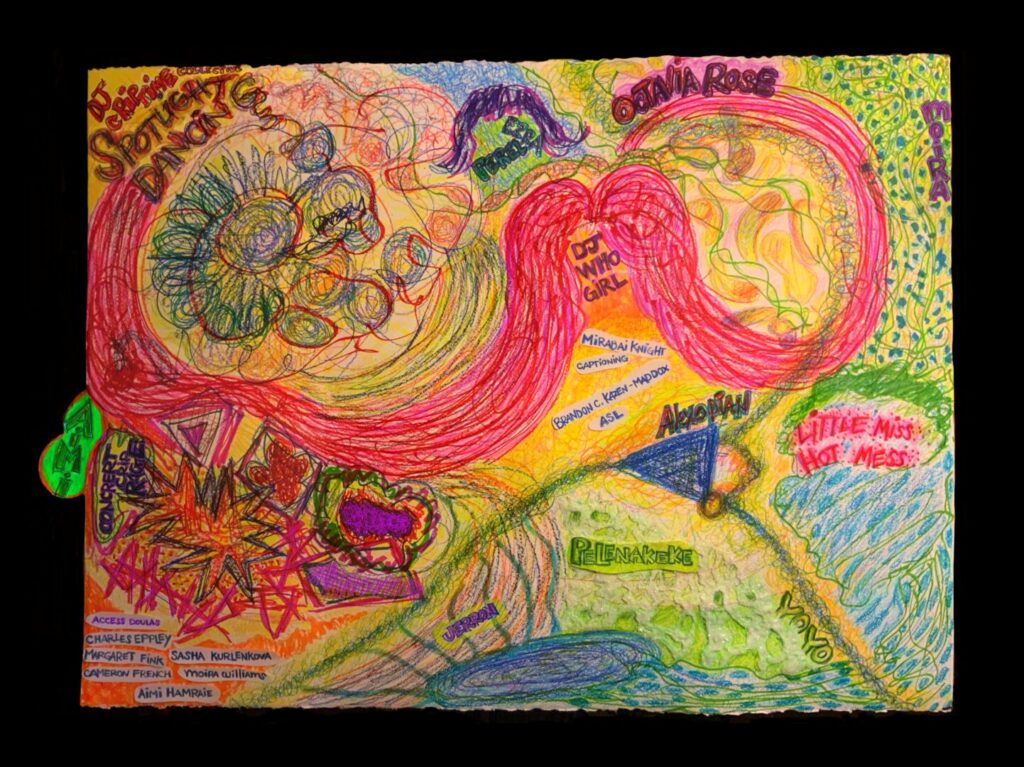 Embraced by a wide black frame with a narrow neon green border sits a collaged drawing. The drawing is a colorful, texture-filled, visual map generated during Remote Access Witches ‘N’ Glitches. Mark making varies throughout the drawing from tight, sharp explosions of points and layered hot orange, red and yellow colors, spinning webs and circles culminating in thin rolling lines collapsing on itself in squiggly reds, violets, greens, blues lines layered over warm yellow and orange swaths to watery layers of blues, greens floating and coalescing into one another through organic shapes, thick crunchy textures and delicate dots and tangles. Somewhat in the center of the drawing floats long hot pink strands. The strands create a curling, wandering hot pink wig. The wig weaves into part of the colorful cacophony, shapes and textures. Under the wig’s center are large drawn words saying: DJ Who Girl. Below that in cut-out paper pieces are drawn smaller words saying: Mirabai Knight captioning and Brandon C. Kazen-Maddox ASL. In the left bottom corner drawn words say: Access Doulas: charles eppley, Margaret Fink, Cameron French, Sasha Kurlenvoka, moira williams, Aimi Hamraie. Throughout the drawing are performers' names: Jerron, Pelenakeke, Yo-Yo, Alexopian, Little Hot Mess, moira, Octavia Rose, Perel, Ezra, DJ Criptime (spotlight dancing), Aimi.