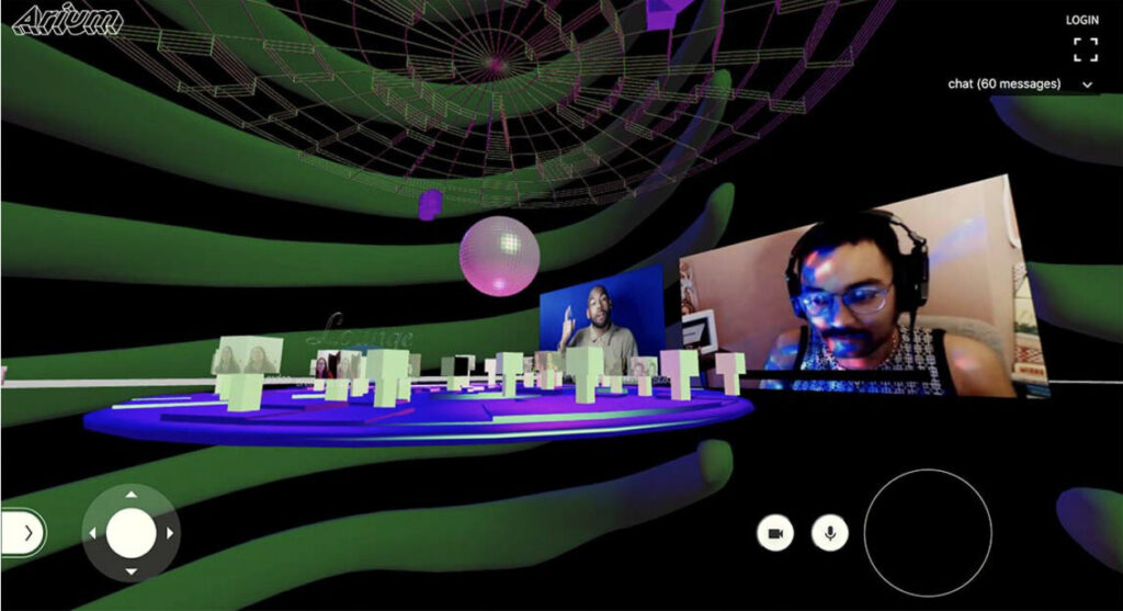 A virtual three-dimensional space, in which the appearance of volume is given by green swirls suspended in a vast dark space. A blue dance floor floats in the middle of the screen under a pink disco ball. Two screens at the front of the space show DJ Queershoulders (danilo machado) and an ASL interpreter. On-screen navigation arrows, a video button, and a mute button also appear. Text says, “chat (60 messages).”