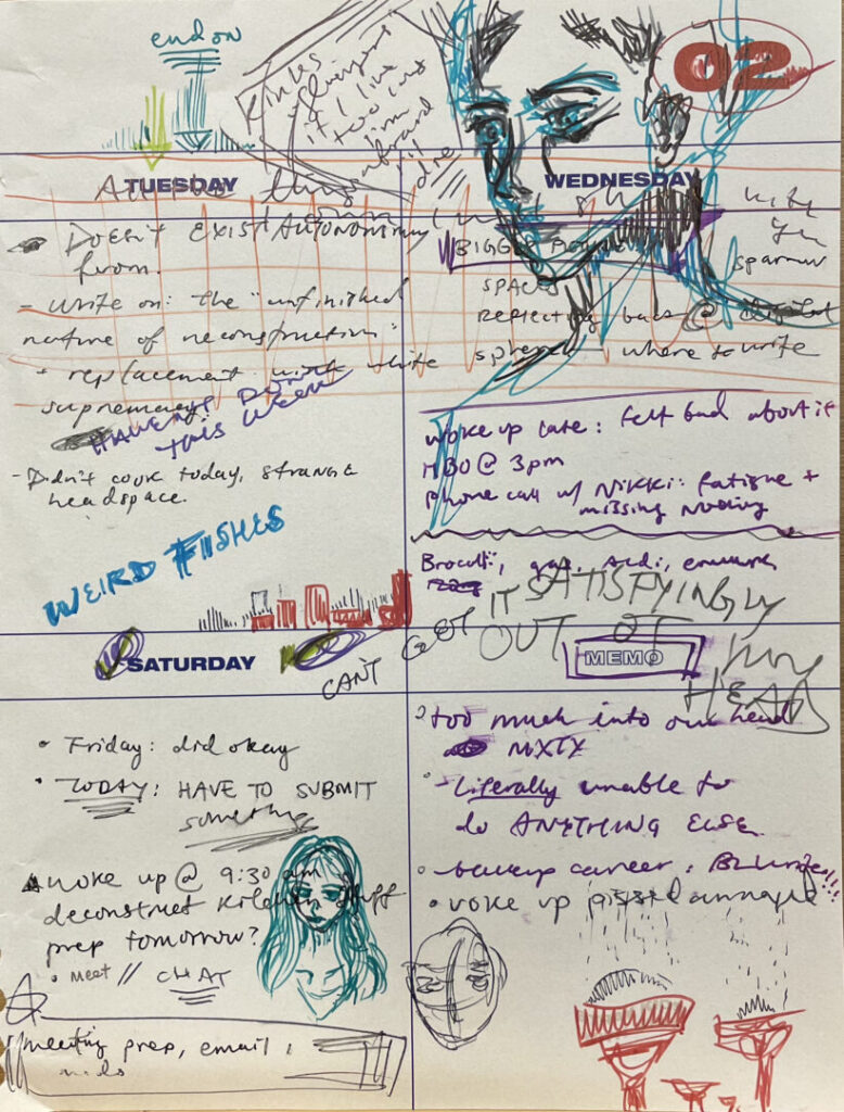 Another page from the author's journal, including notes and doodles.